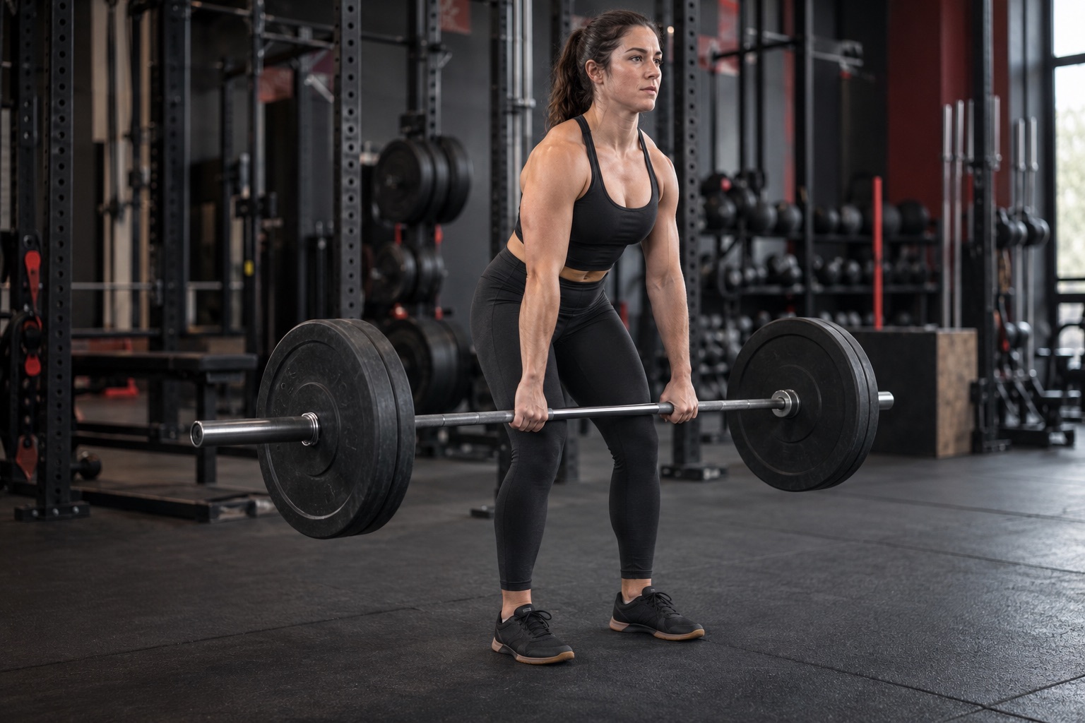 Woman performing a controlled conventional barbell deadlift in a strength-training gym